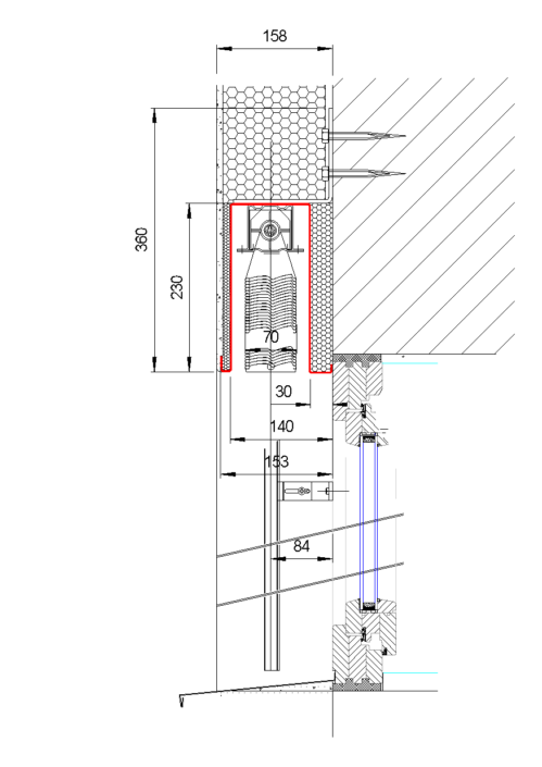 Venkovní žaluzie EZ 70 se zaomítacím boxem detail nadpraží